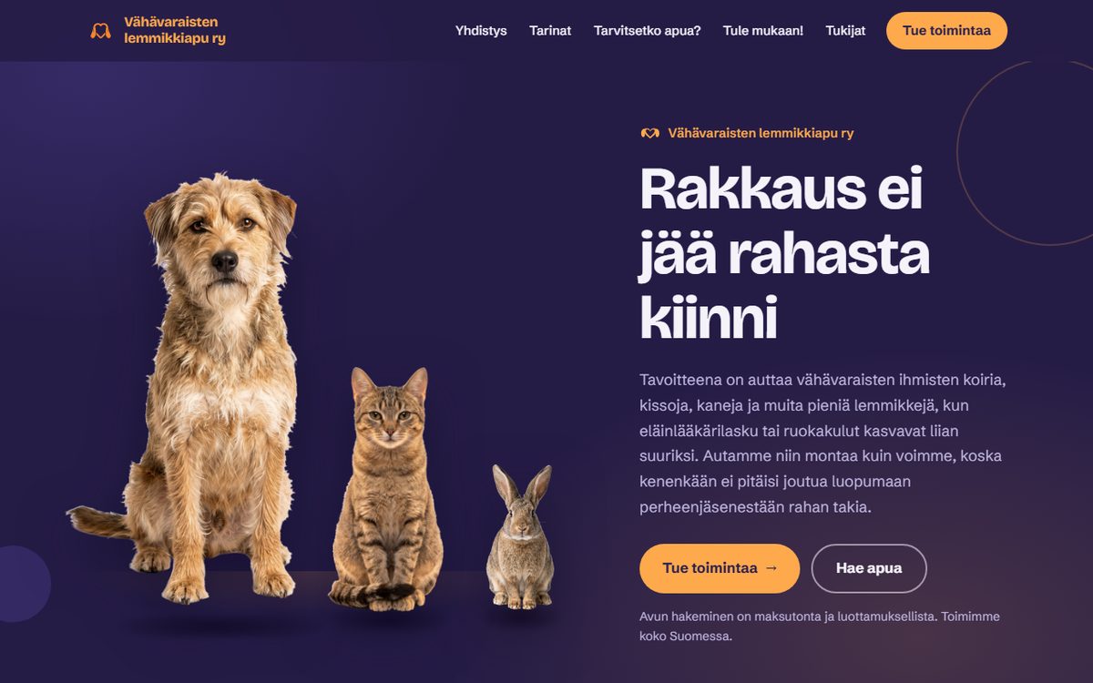 Kuvakaappaus Lemmikkiapu ry:n verkkosivustosta